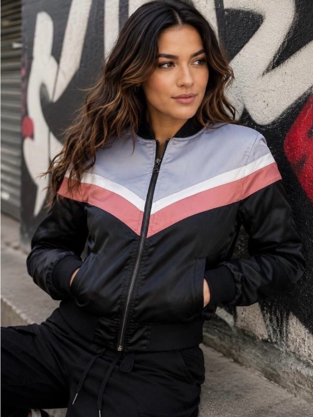 Women's Colorblock Chevron Bomber Jacket - Black & Pink & Grey by Express